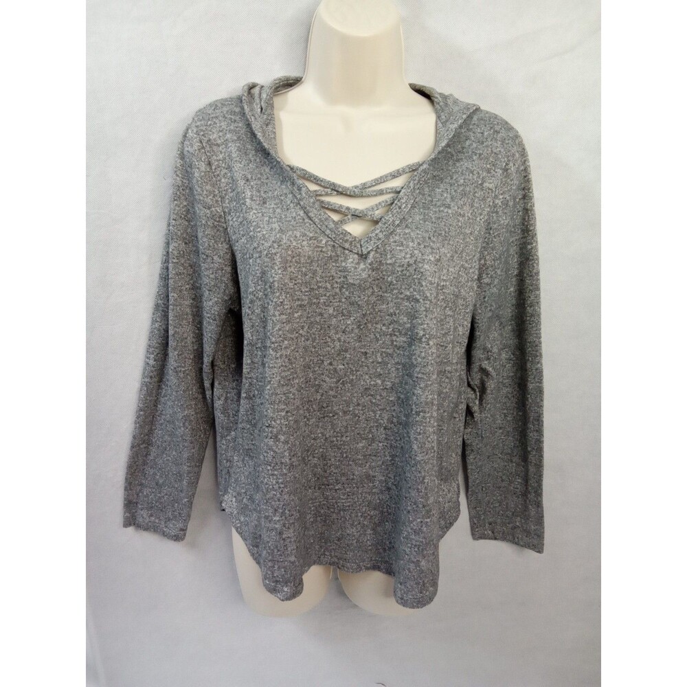 Absolutely Famous XL Hooded Long Sleeve Top Gray V-neckline Criss-cross